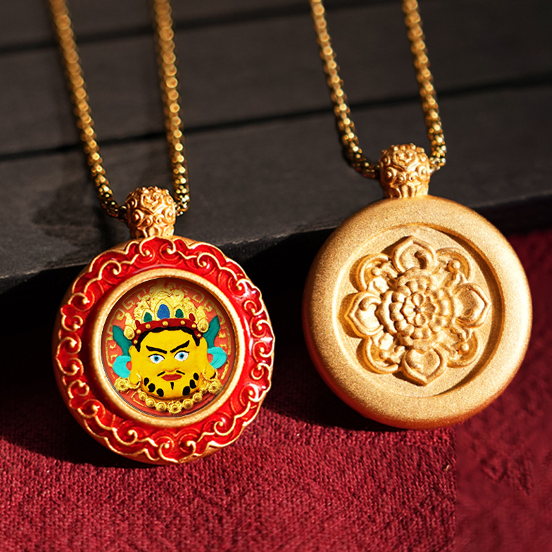 Two ornate necklaces with intricate designs on a dark surface