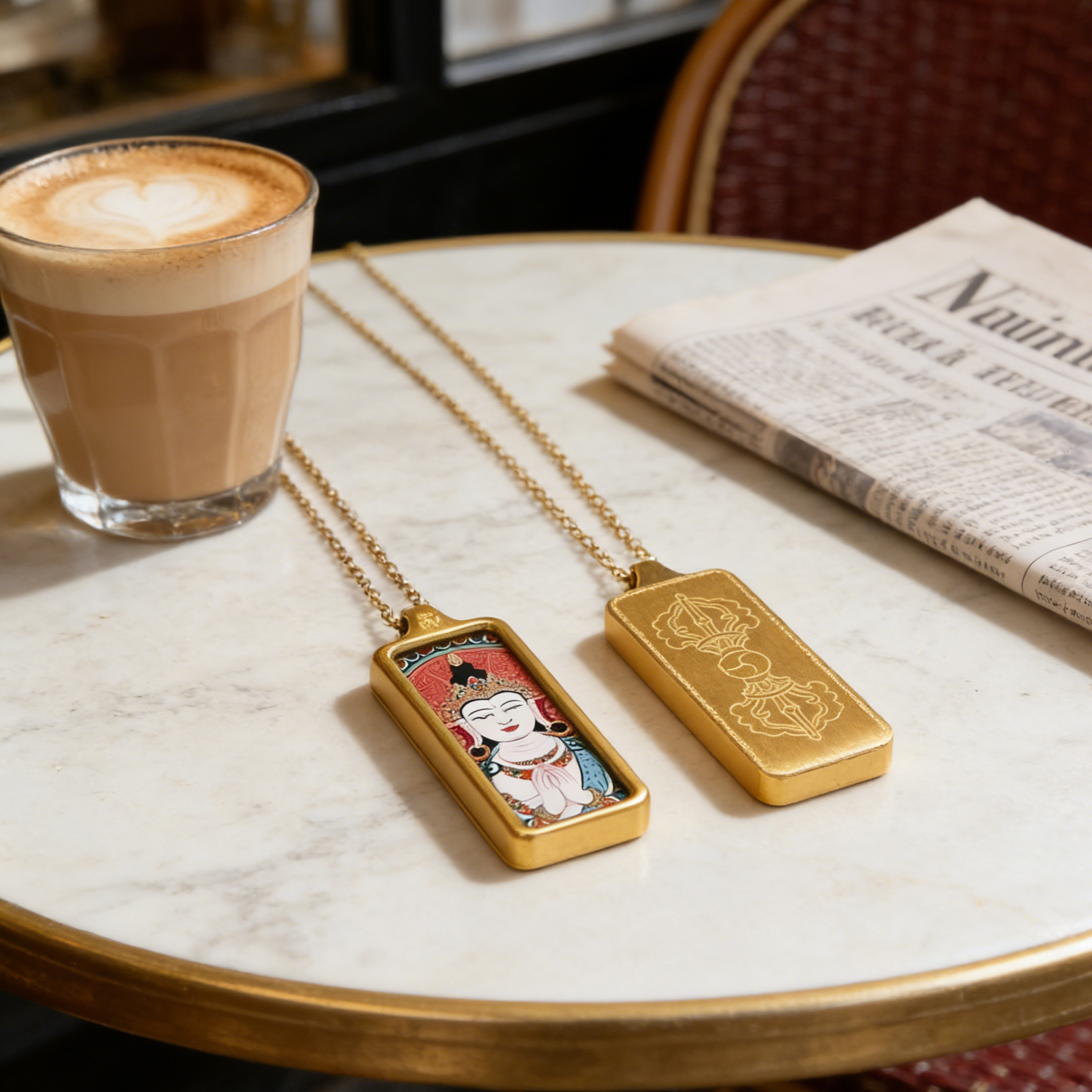 Two gold necklaces on a table with a glass of coffee and newspaper in the background
