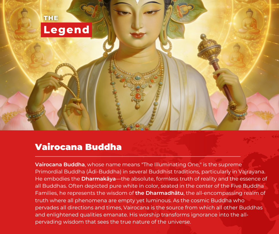 Illustration of Vairocana Buddha with detailed jewelry and a red banner with text.