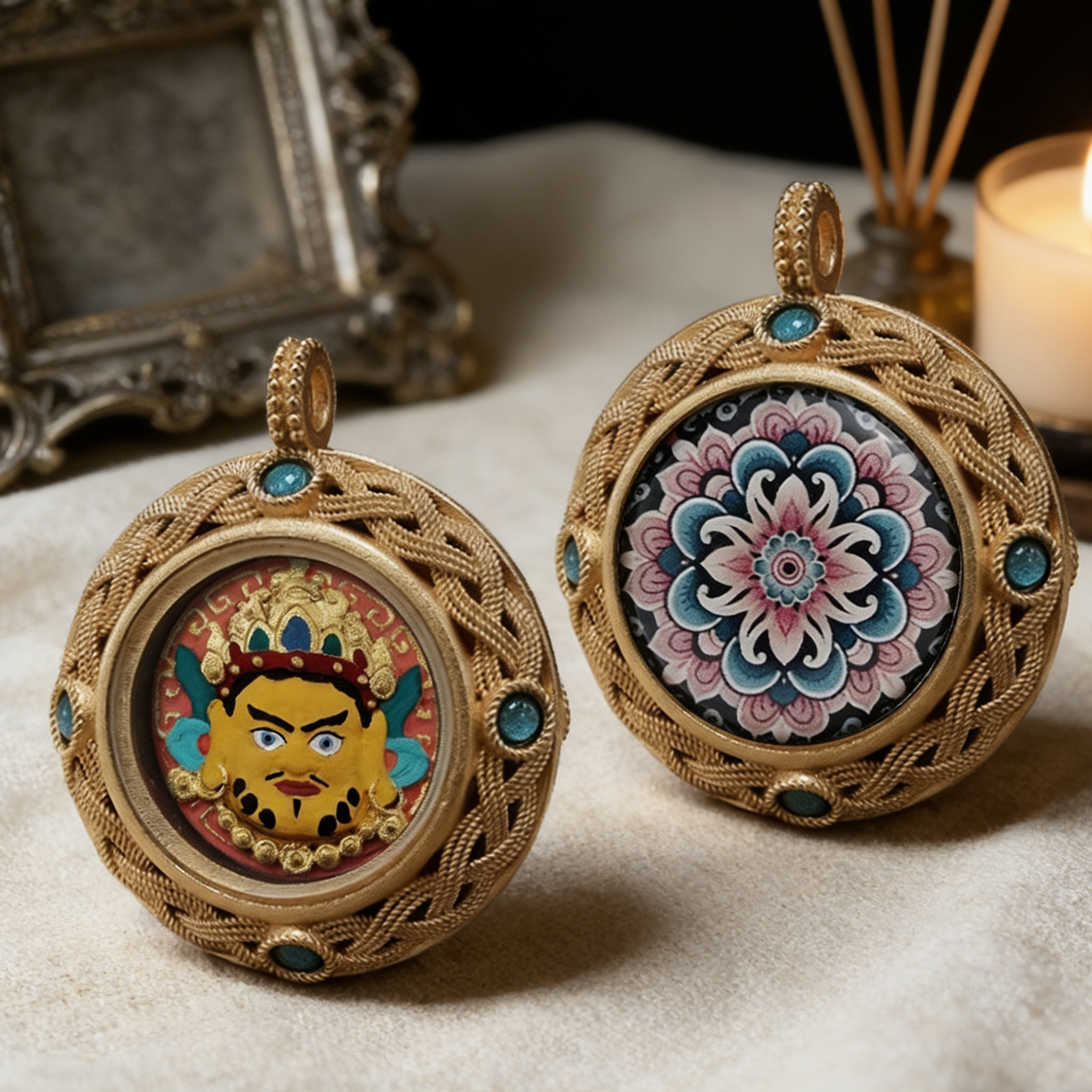 Two ornate pendants on a textured surface with a candle and decorative frame in the background.