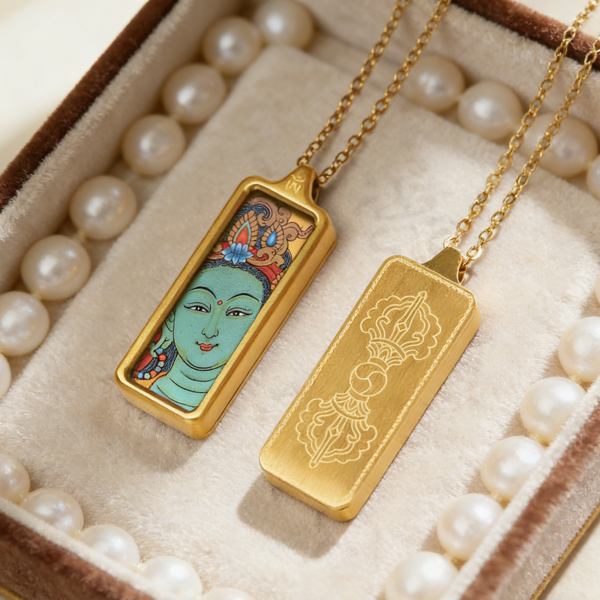 Two gold pendants on chains with intricate designs, one featuring a face and the other an abstract pattern, displayed on a bed of pearls.