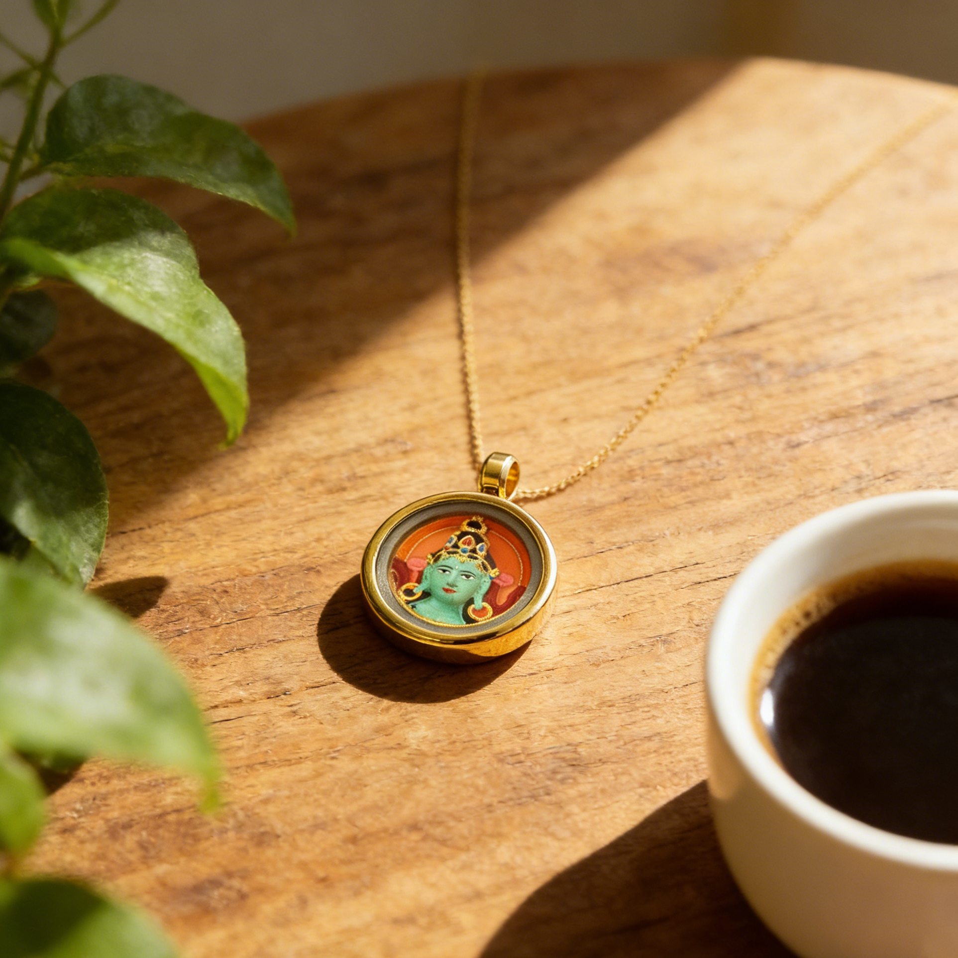Gold necklace with a pendant on a wooden surface next to a cup of coffee