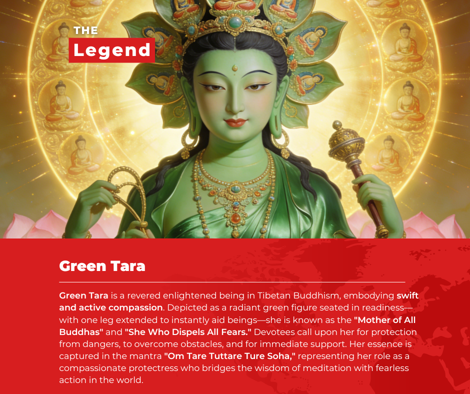 Green Tara figure with descriptive text on a red and gold background