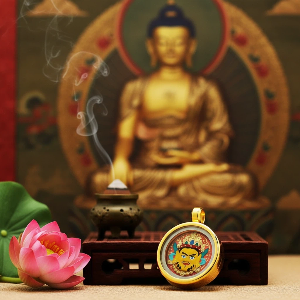 Buddha statue with incense, pink lotus, and decorative item on a textured surface