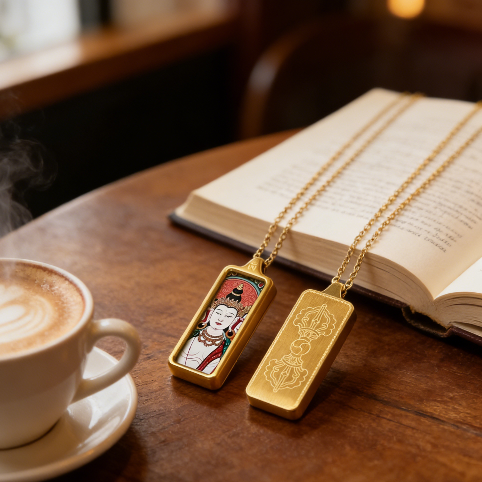 Two gold pendants on chains next to a cup of coffee and an open book on a wooden table.