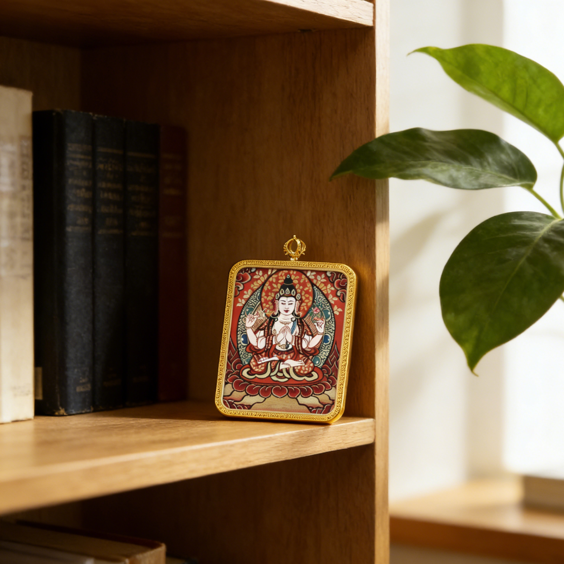Decorative plaque with a religious figure on a wooden shelf with books and a plant.