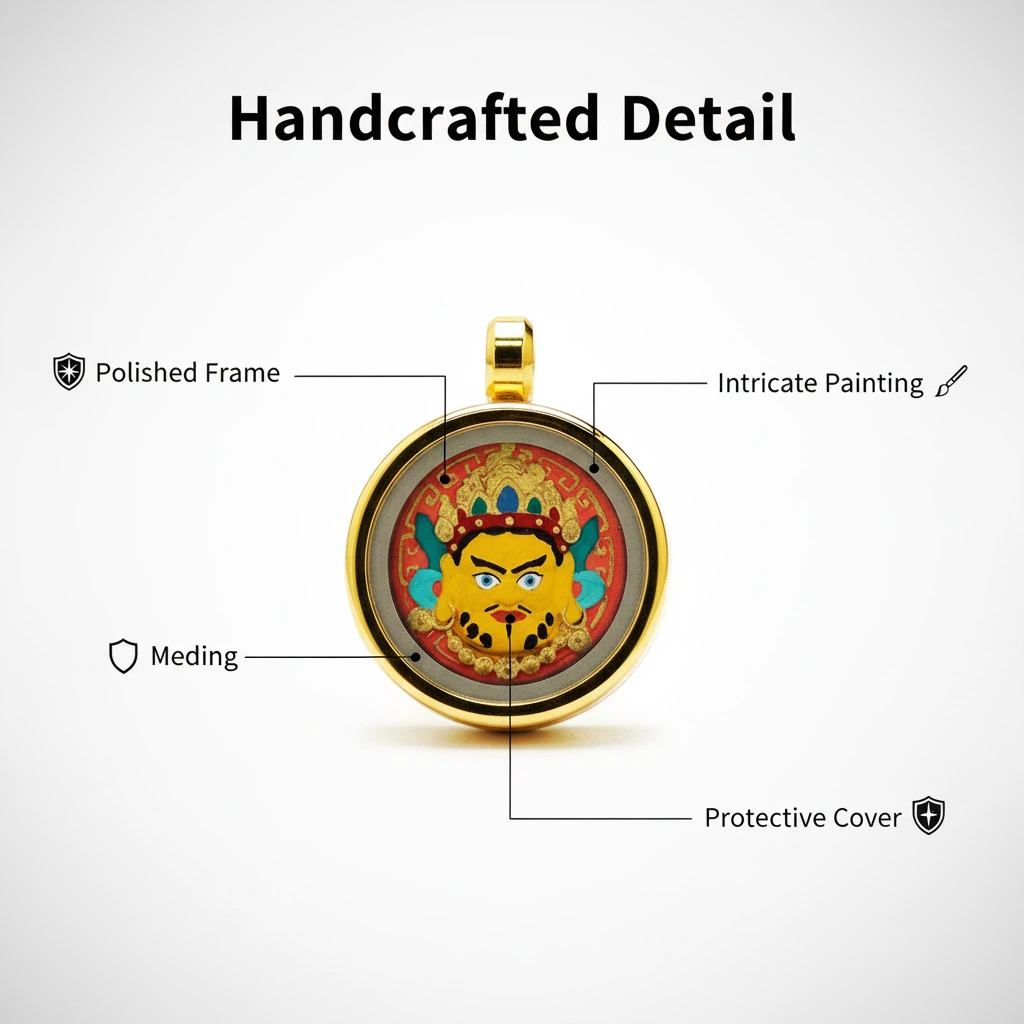 Gold pendant with intricate design on a white background, labeled for handcrafted details.