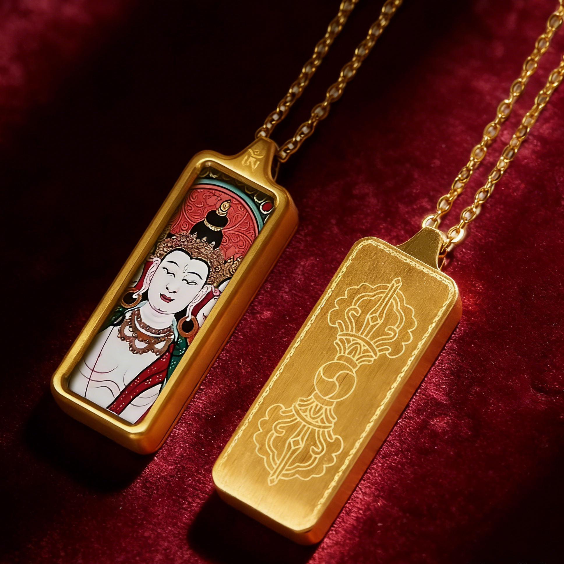 Gold pendant with an image of a deity on a red fabric background