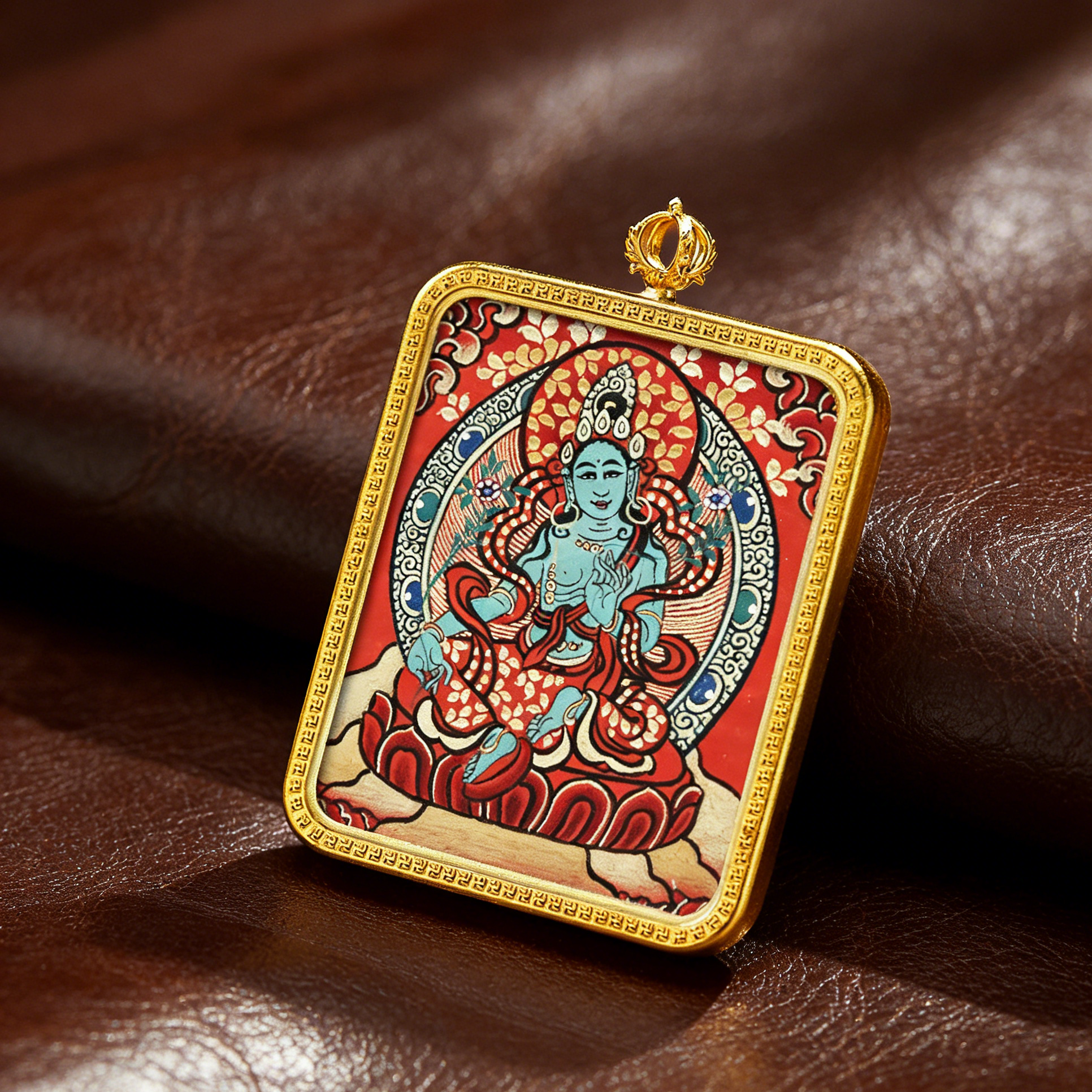 Decorative pendant with intricate design on a brown leather background