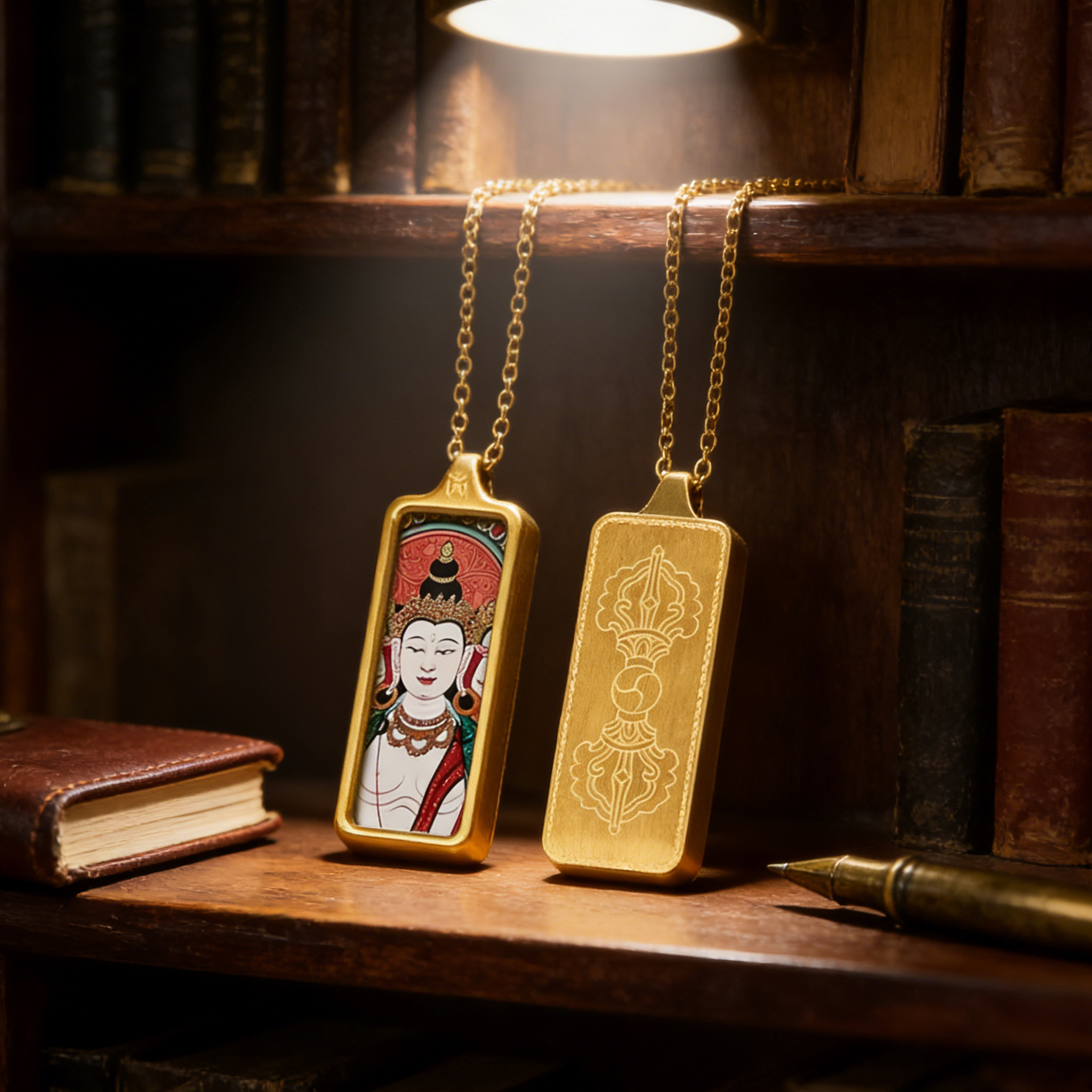 Two gold pendants on chains against a bookshelf background