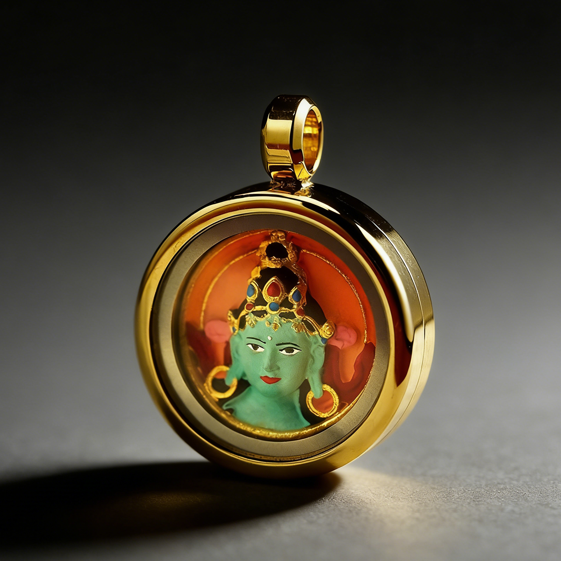 Gold pendant with a green face design on a dark background