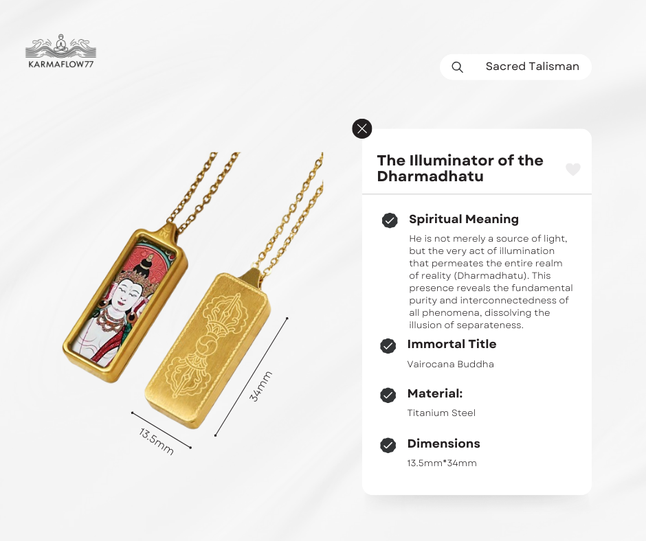 Gold pendant with a religious figure on a white background, featuring details about its spiritual meaning and dimensions.