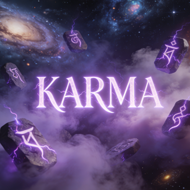The word 'Karma' in bright letters against a cosmic background with floating stones and a galaxy.