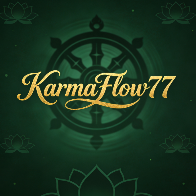 Gold 'KarmaFlow77' text on a green background with lotus flower designs