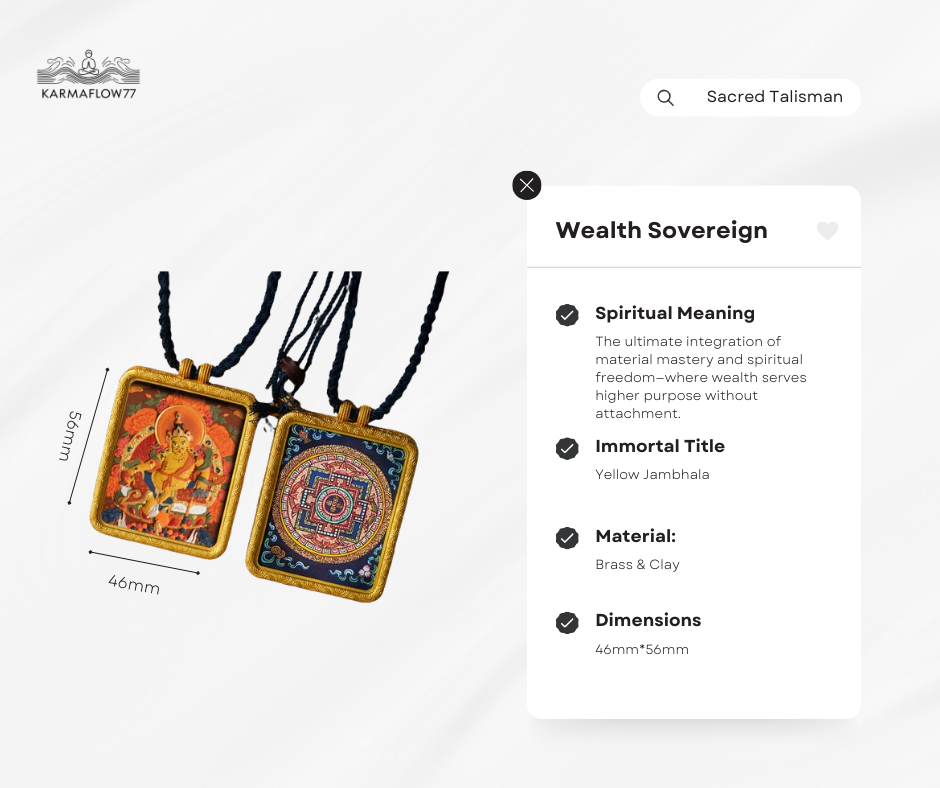 Two decorative pendants with intricate designs on a white background, featuring text about their spiritual meaning and material properties.