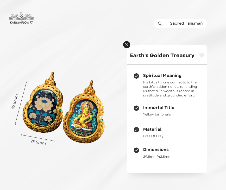 Two ornate gold pendants with intricate designs on a white background, featuring details about their spiritual meaning and material composition.