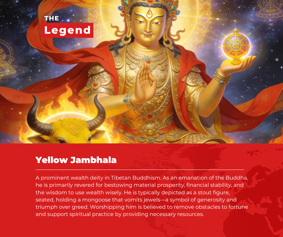 Yellow Jambhala figure in Tibetan Buddhism with celestial background