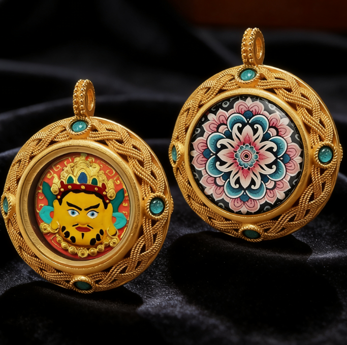 Two ornate gold pendants with intricate designs on a dark background