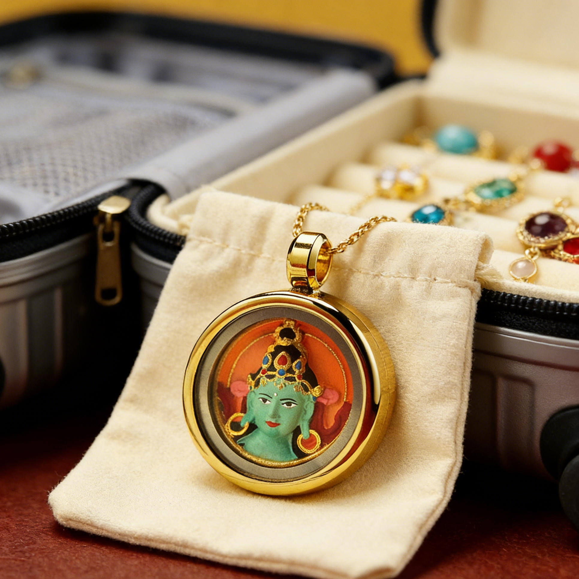 Gold pendant with a colorful face design on a beige cloth, with a jewelry box in the background.