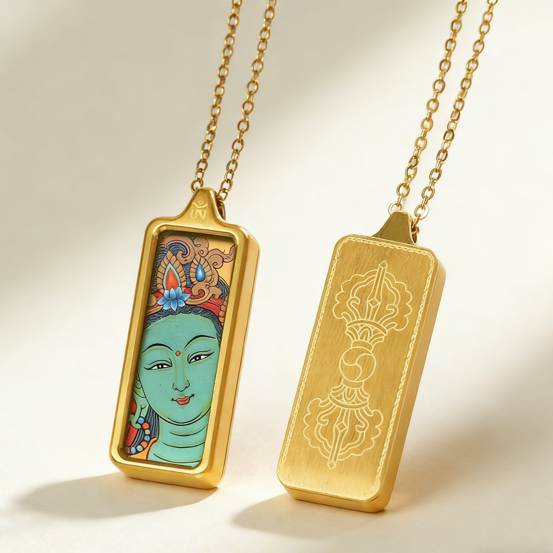 Gold pendant with a face design on a beige background