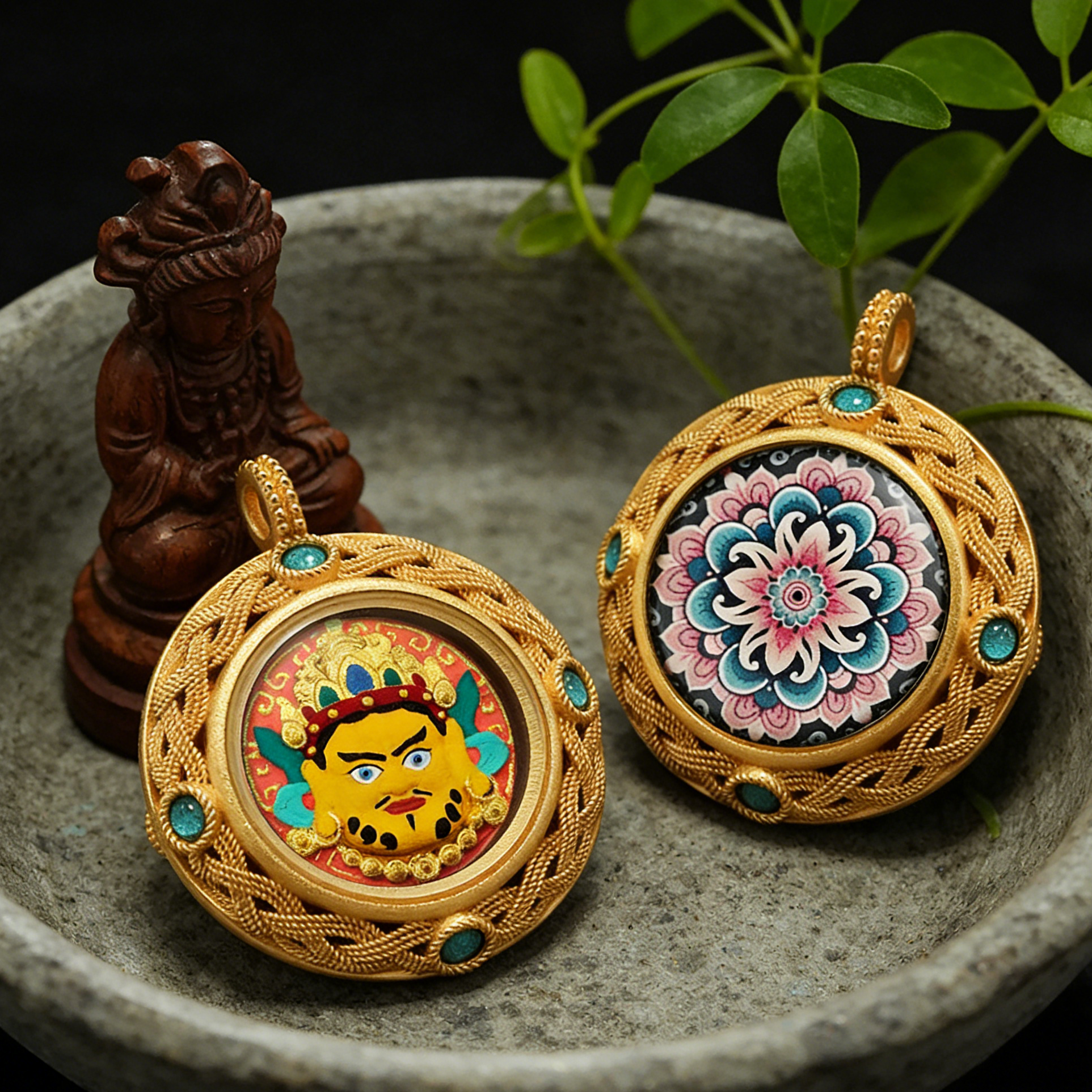 Two ornate gold pendants with intricate designs on a stone surface with a plant in the background.