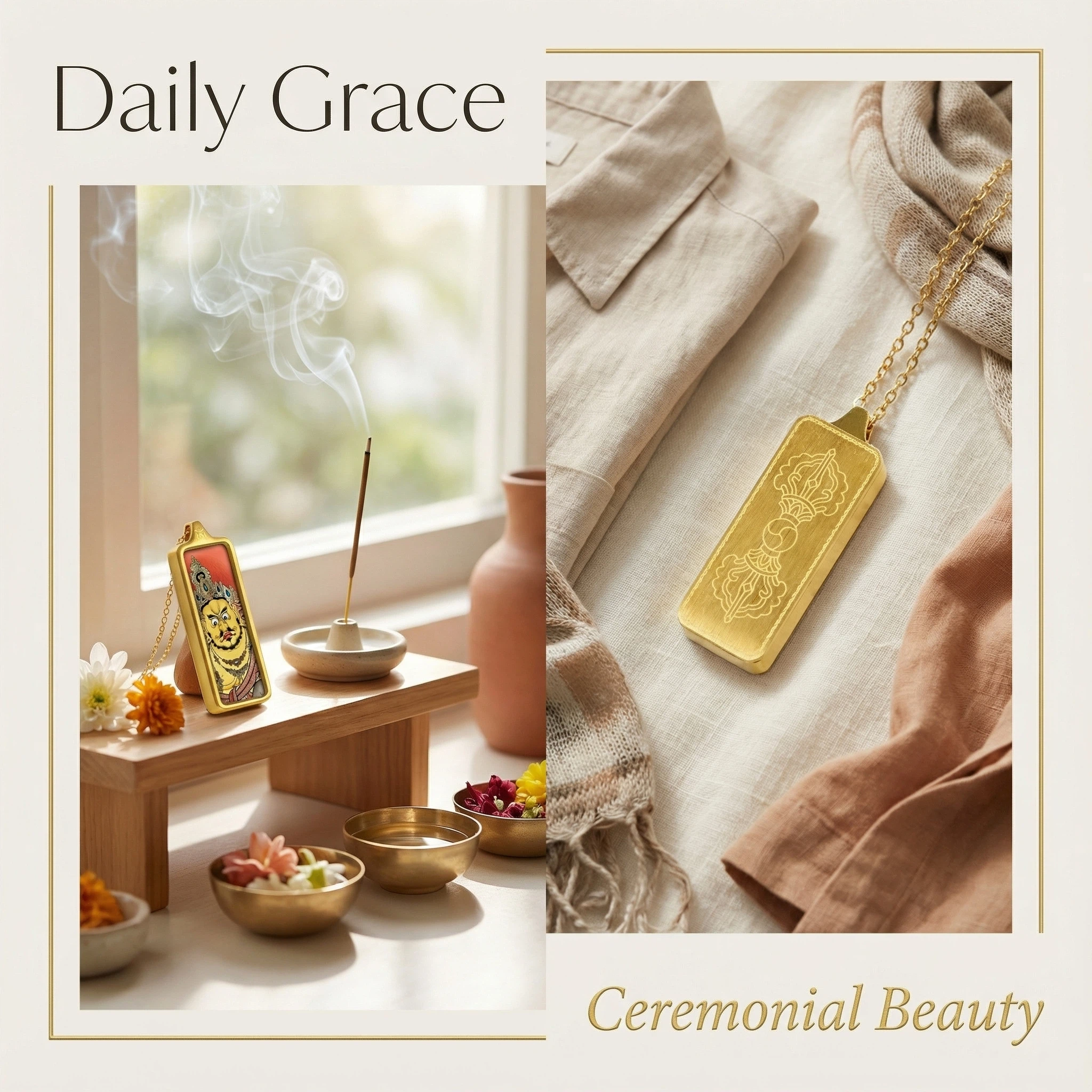 Collage of incense burning setup and gold pendant with 'Daily Grace' and 'Ceremonial Beauty' text.