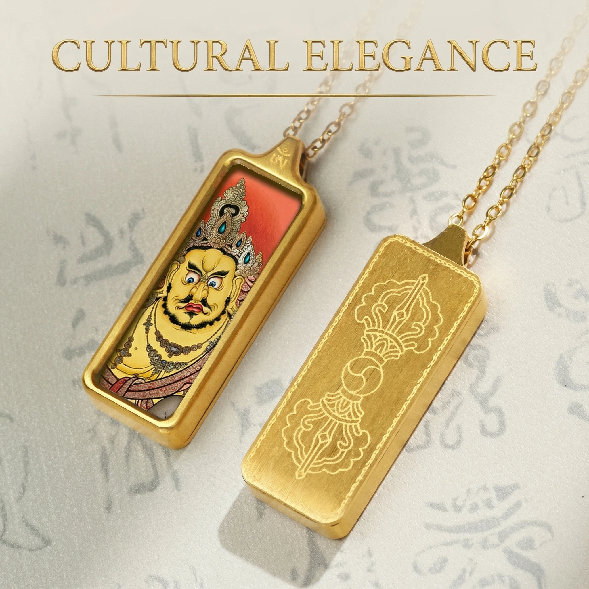 Gold pendant with a face design on a textured background, labeled 'Cultural Elegance'.