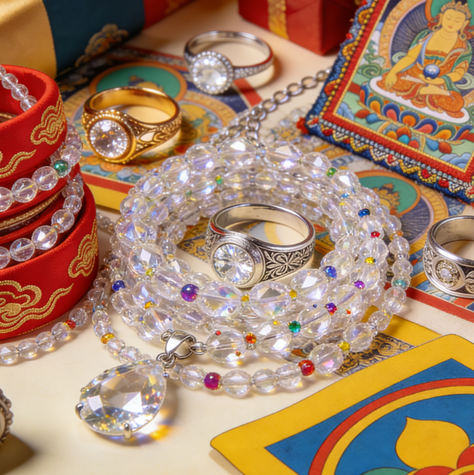 Jewelry including rings and beaded necklaces on a colorful fabric background