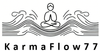 Logo of KarmaFlow 77 with a person meditating over wavy lines on a white background